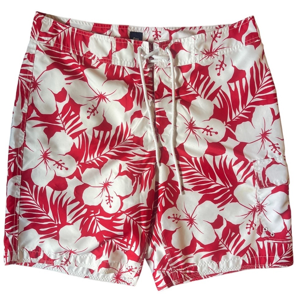 GAP Men’s Red White Hawaiian Swim Trunks Beach Shorts Drawstring Mesh Lined Lrg